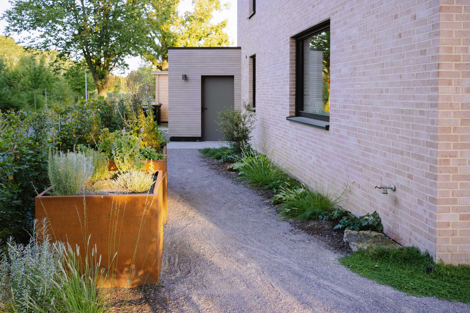 Homann Landschaften Garten  und Landschaftsarchitektur hochbeet cortenstahl seitenweg haus staudenpflanzung kuechenkraeuter
