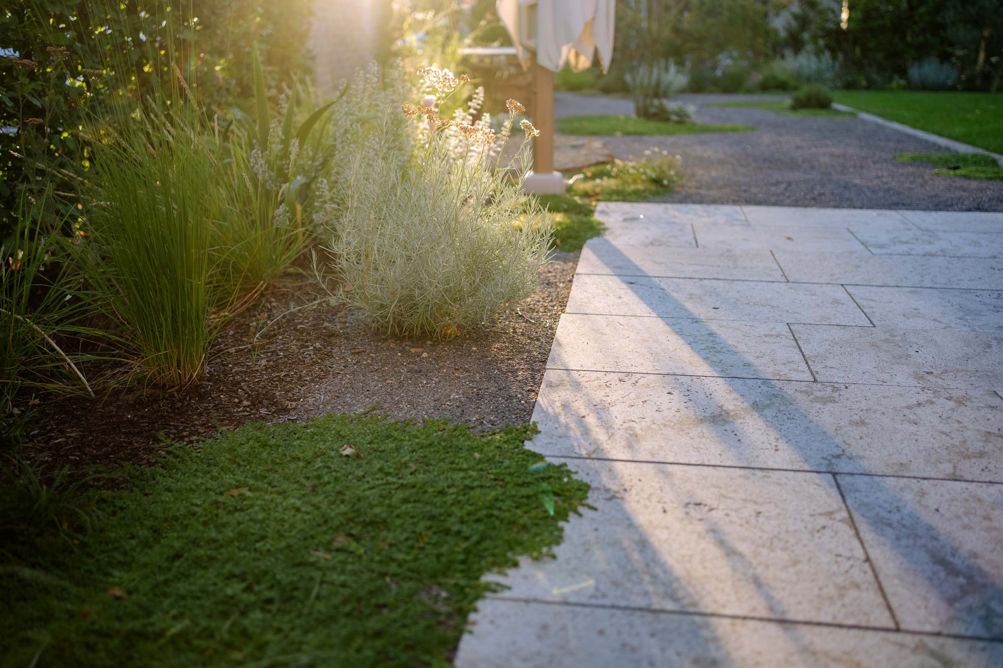 Homann Landschaften Garten  und Landschaftsarchitektur 04 terrasse muschelkalk terrassenplatten beet